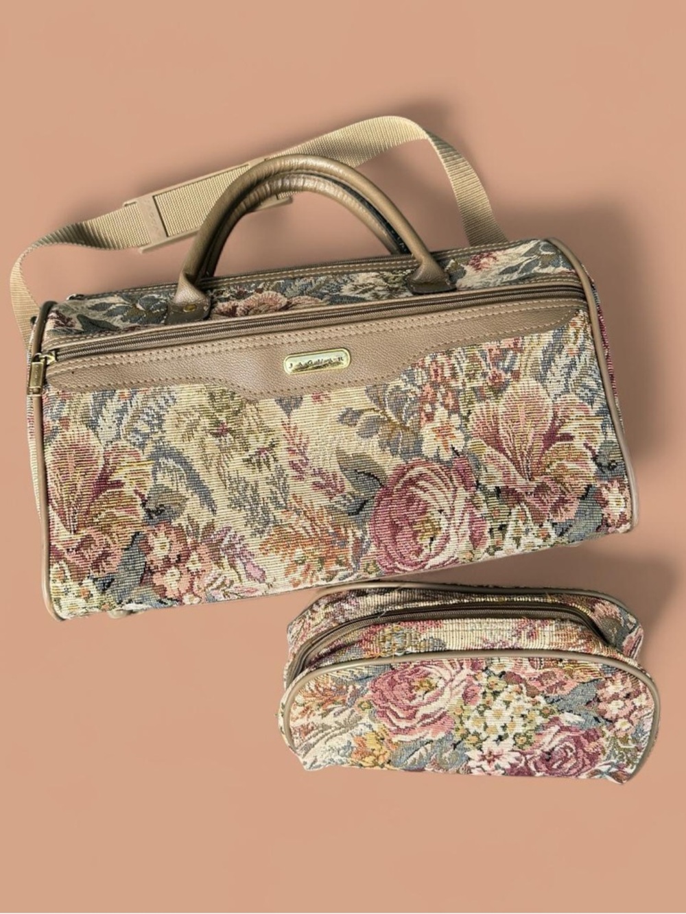 Vintage Floral Tapestry Jaguar carry on bag with matching cosmetics bag